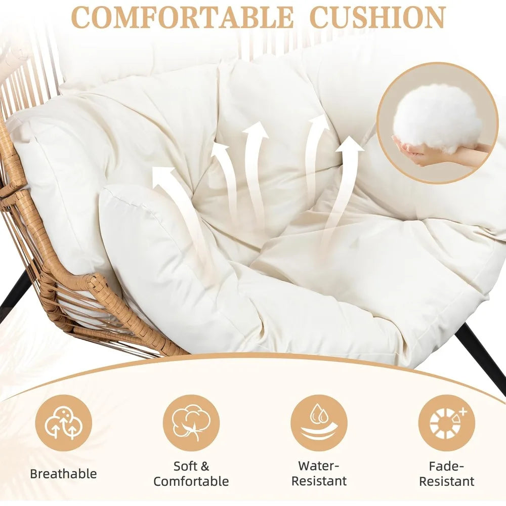 Outdoor Indoor Hanging Egg Chair PE Wicker Rattan Lounge Chair with Cushion for Patio Garden Balcony Backyard Beige