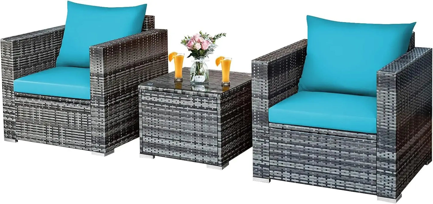 Three Piece Patio Set, Outdoor Rattan Sofa With Cushions, Tempered Glass Coffee Table, Wicker Conversation Furniture