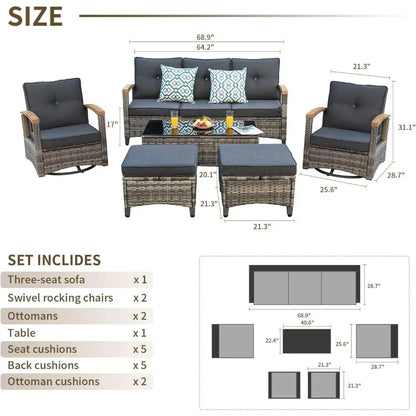 A  6 Pieces Outdoor Rattan Furniture Sets with 2 Wood Armrests Swivel Rocker Chairs, 2 Ottoman, 3-Seat Sofa and Coffee Table