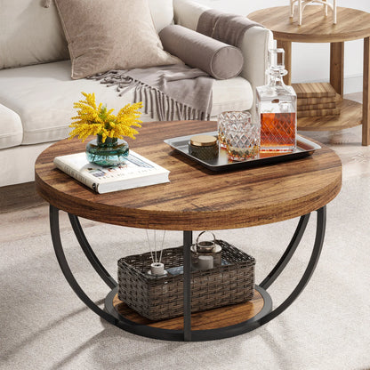 Tribesigns 31.7" Round Coffee Table, Industrial 2-Tier Circle Coffee Table with Storage Shelves, Modern Wooden Sofa Side Table