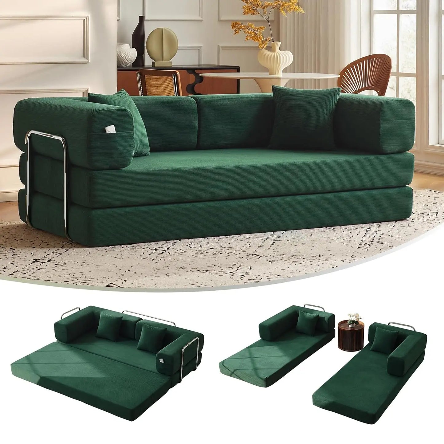 79" Convertible Sofa Bed with Pillows, Corduroy Folding Sleeper Sofa with Fixed-Shape Frame, Boneless Couch for, Customized