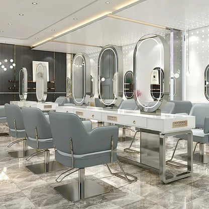 SS newBarber Shop Hair Salon Hair Salon with Socket Hot Dyeing with Light Stainless Steel Floor Dressing Table