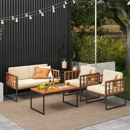 Acacia Wood Outdoor Sofa Set, 4 Pieces Outdoor Furniture Set with Heavy Duty Metal Frame, Soft Seat & Back Cushions, for Balcon