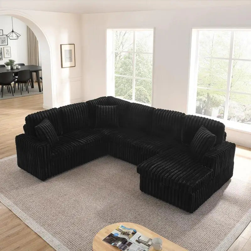 Modern Minimalist U-shaped Corduroy Striped Sofa with Pull-out Bed & Storage Chaise, Soft Black Couch for Stylish Living Room,