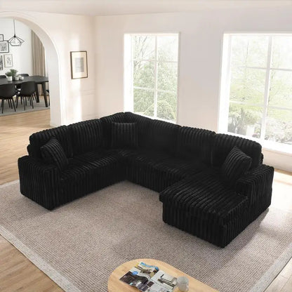 Modern Minimalist U-shaped Corduroy Striped Sofa with Pull-out Bed & Storage Chaise, Soft Black Couch for Stylish Living Room,