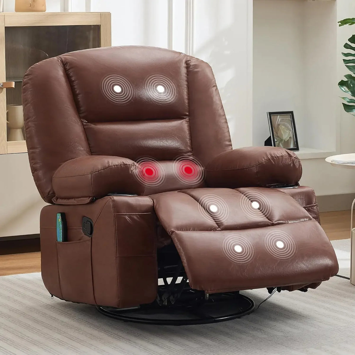 Oversized Recliner Chair Heat Vibration Massage PU Leather Manual Swivel Rocker Cup Holders Side Pocket Brown