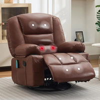 Oversized Recliner Chair Heat Vibration Massage PU Leather Manual Swivel Rocker Cup Holders Side Pocket Brown