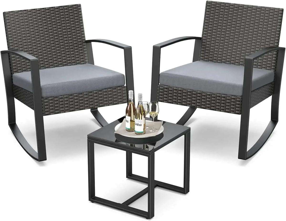 %a Patio Furniture Set Rocking Bistro Set Outdoor Rattan Conversation with Coffee Table for Garden Balcony Backyard