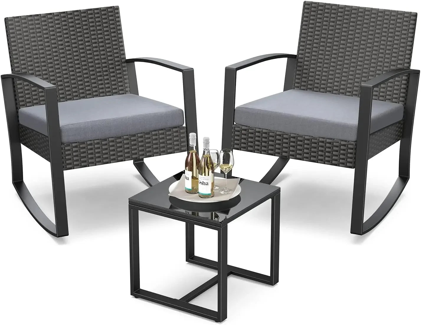 %a Patio Furniture Set Rocking Bistro Set Outdoor Rattan Conversation with Coffee Table for Garden Balcony Backyard