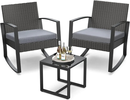 %a Patio Furniture Set Rocking Bistro Set Outdoor Rattan Conversation with Coffee Table for Garden Balcony Backyard