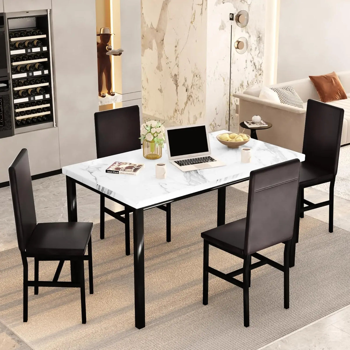Dining Table Set for 4, Modern Kitchen & Dining Room Sets Faux Marble Table with 4 Leather Chairs for Small Space