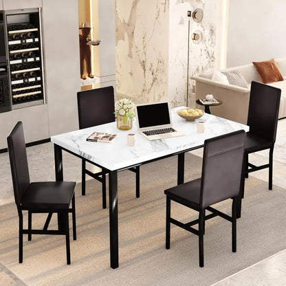 Dining Table Set for 4, Modern Kitchen & Dining Room Sets Faux Marble Table with 4 Leather Chairs for Small Space