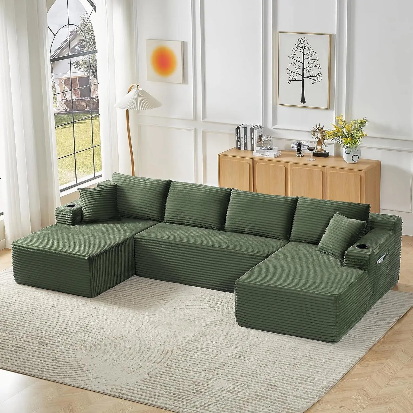 133.5" Black Corduroy Boneless Sectional Couches for Living Room, Oversized Plush U Shaped Cloud Couch Modular Sectional Sofa wi