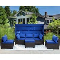 Y 6 Pieces Patio Daybed with Retractable Canopy, Patio Furniture Sets Outdoor Wicker Sectional Sofa Set Seating Chairs