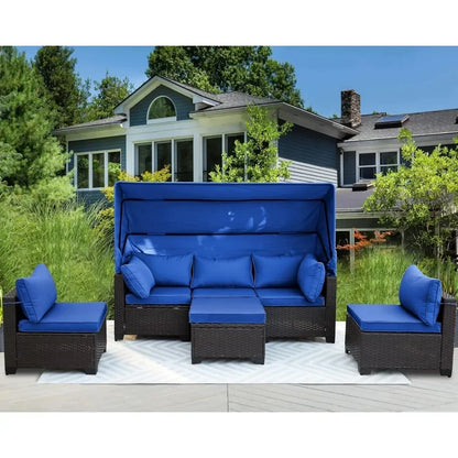 Y 6 Pieces Patio Daybed with Retractable Canopy, Patio Furniture Sets Outdoor Wicker Sectional Sofa Set Seating Chairs