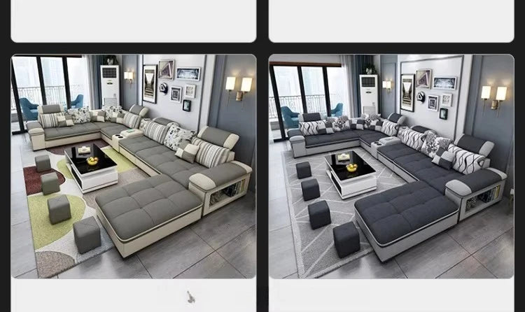 Modern simple living room sofa set U-shaped sleepable luxury cloth sofa villa large combination corner function sofa