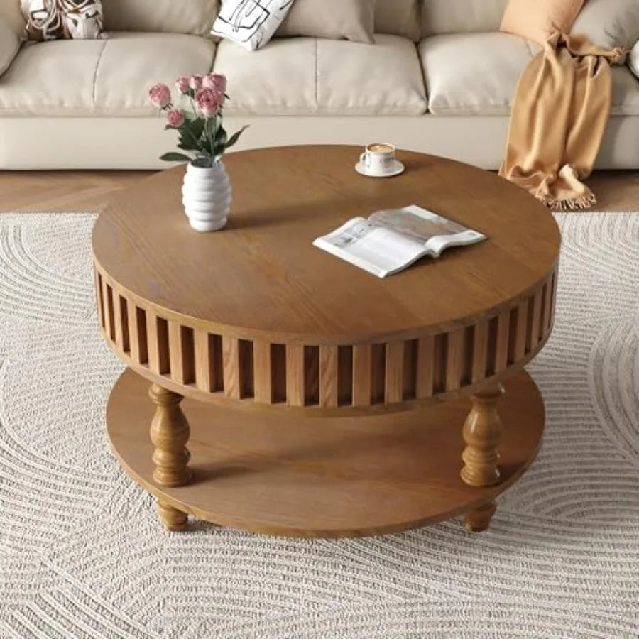 31.49'' Round Wood Coffee Table with Storage 2-Tier Circle Fluted Coffee Table in Walnut for Living Room Apartment Office with