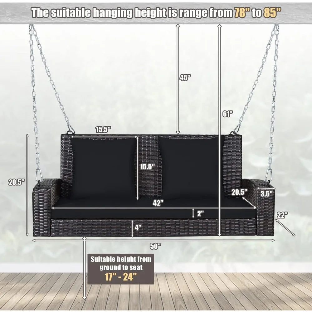 Outdoor Wicker Swing Bench for Two with Cushions, Durable Patio Hanging Rattan Seat, Comfortable Backyard Swing Chair