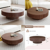 Walnut Round Coffee Table Wood, Modern Fluted Coffee Table for Living Room, Contemporary Low Circle Center Tables
