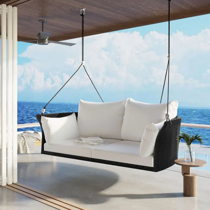 GO 51.9 2Person Hanging Seat Rattan Woven Swing Chair Porch Swing With Ropes Black Wicker And White Cushion
