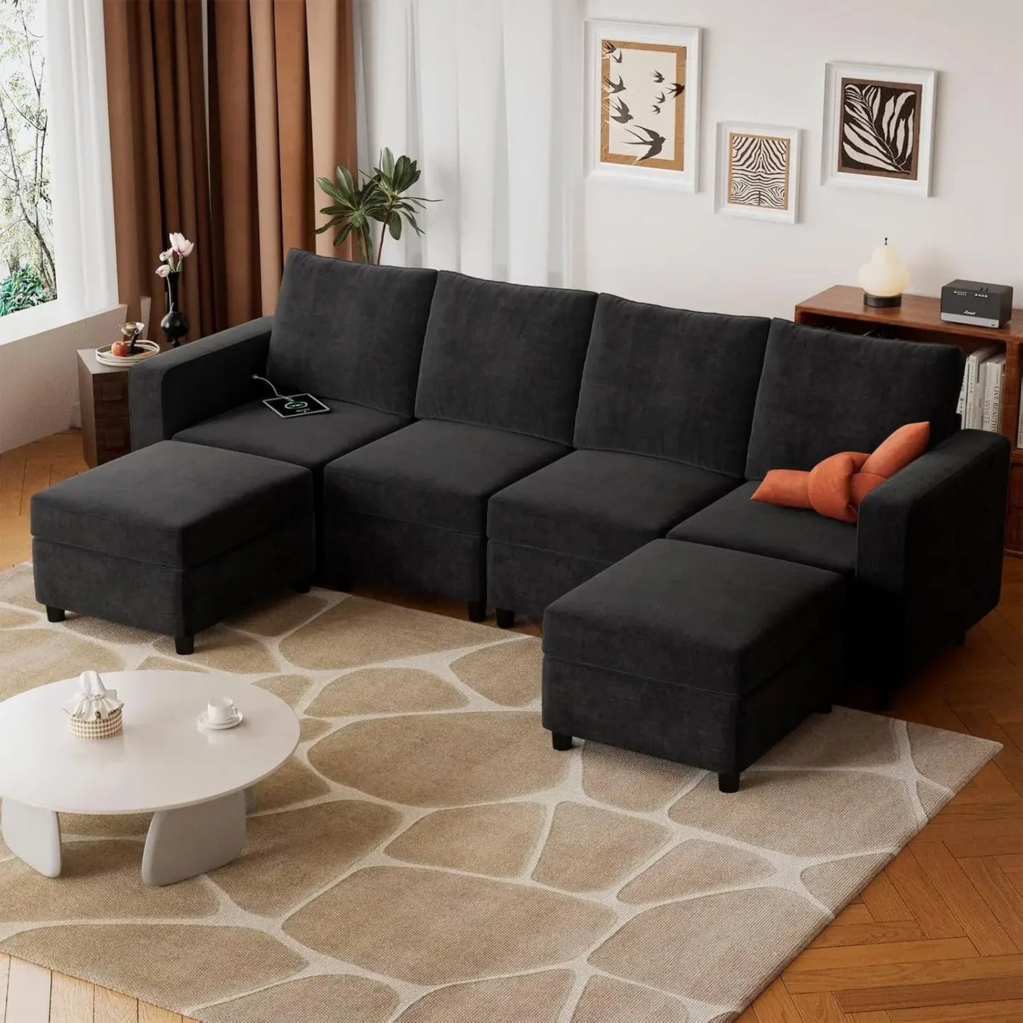Nordic 108" Sectional Sofa Black Modular Storage U Shaped Couch with Two, 6 Pieces Convertible, USB Chargers Armest