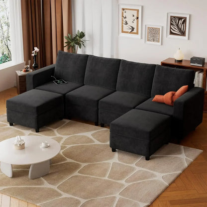 Nordic 108" Sectional Sofa Black Modular Storage U Shaped Couch with Two, 6 Pieces Convertible, USB Chargers Armest