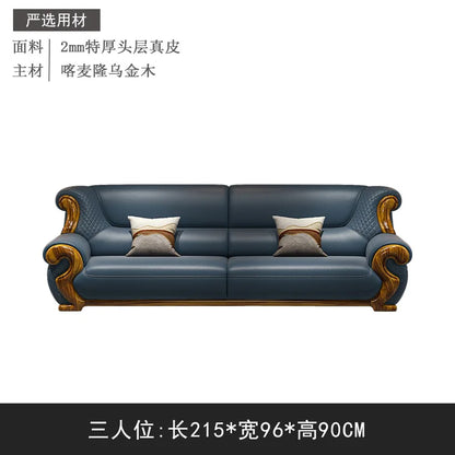New Chinese ebony leather sofa combination first layer cowhide high-end villa living room modern solid wood sofa furniture