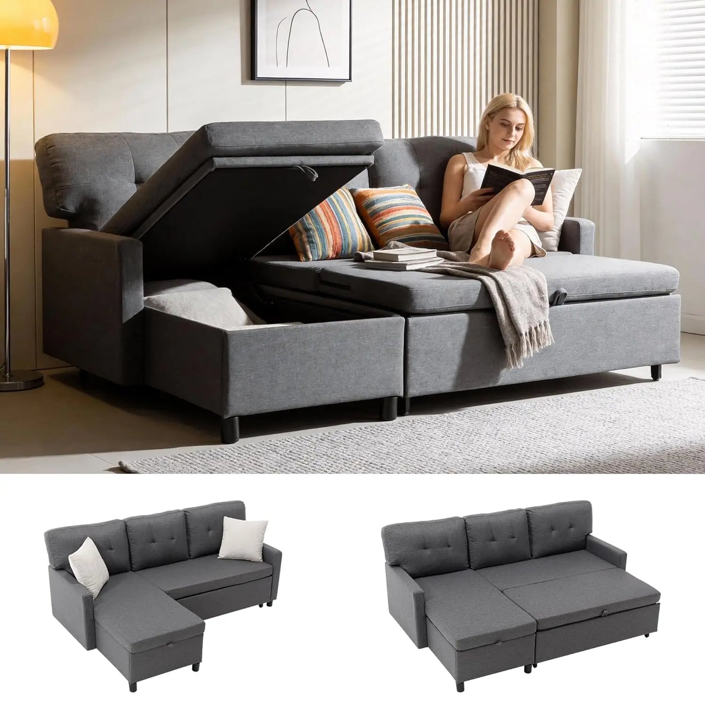 Sleeper Sofa Couch, Oversized Pull-Out Bed with Storage Chaise, Sectional Design for Living Room, Customized