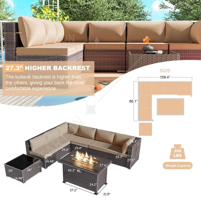 Modern Patio Rattan Sofa Set PE Wicker Sectional Sofa Set High Quality Rattan Outdoor Furniture Set with Fire Pit