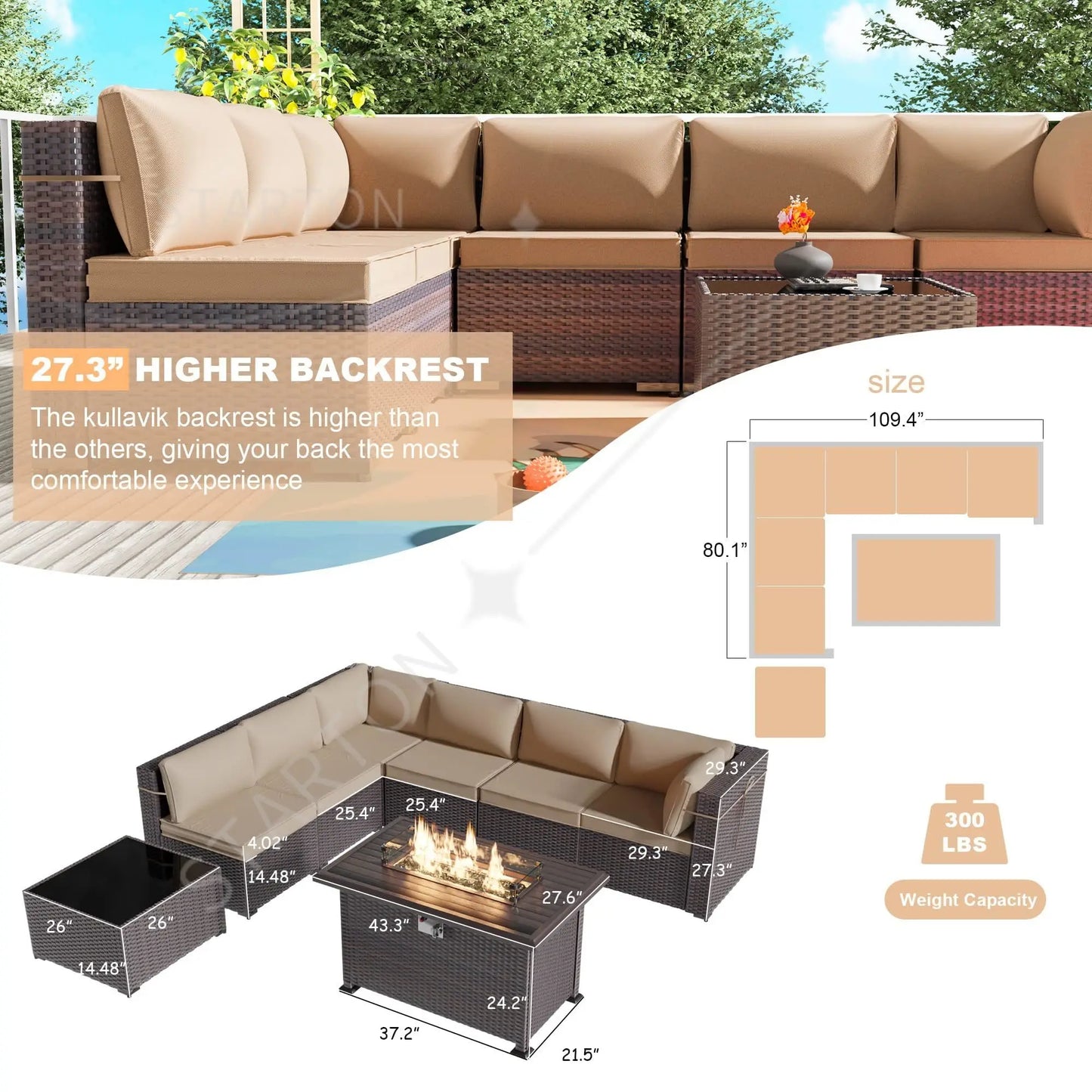 Modern Patio Rattan Sofa Set PE Wicker Sectional Sofa Set High Quality Rattan Outdoor Furniture Set with Fire Pit