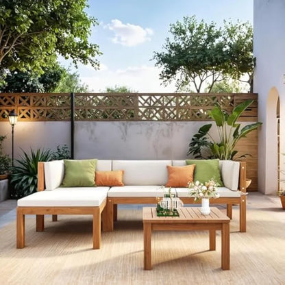 5 Pieces Acacia Wood Outdoor Sectional Sofa Set with Coffee Table, Outdoor L-Shaped Couch with All-Weather Cushion for Pa