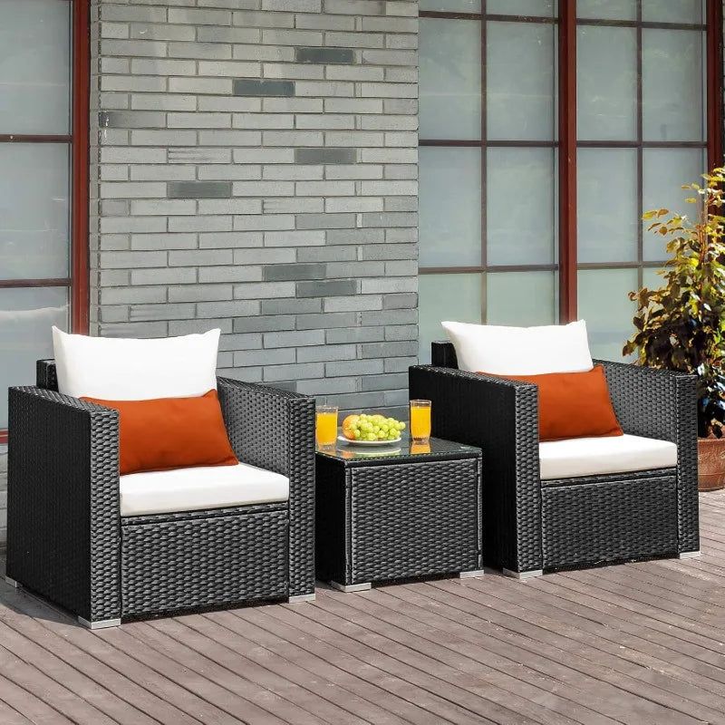 3 Pieces Patio Furniture Set, PE Rattan Wicker Sofa Set w/Washable Cushion and Tempered Glass Tabletop, Outdoor Convers