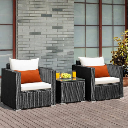 3 Pieces Patio Furniture Set, PE Rattan Wicker Sofa Set w/Washable Cushion and Tempered Glass Tabletop, Outdoor Convers