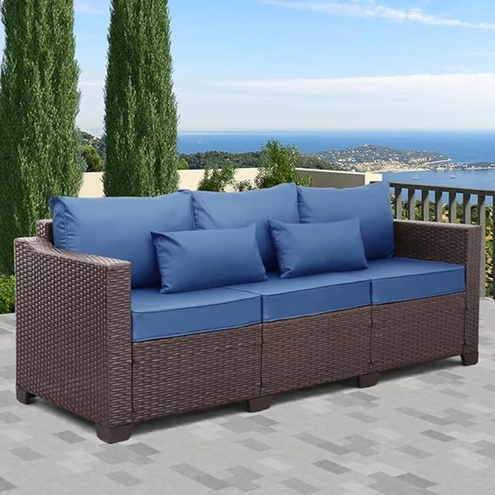 3Seat Comfortable Patio Sofa,Wicker Rattan Outdoor Couch,Steel Frame;Deep Seat High Back,Blue AntiSlip Cushions, Furniture Cover