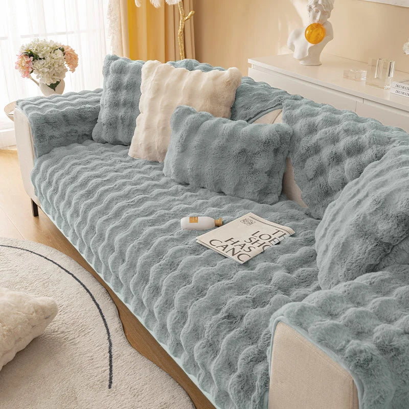 1pc Imitation Rabbit Plush Sofa Cover Winter Warm Thick Plush Soft Sofa Slipcover Pet Favorite Non-slip Protective Couch Cover