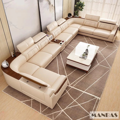 Stylish Italian Genuine Leather Sofa for Living Room with Cup Holder, USB, Adjustable Headrests & Bluetooth Speaker - Linlamlim