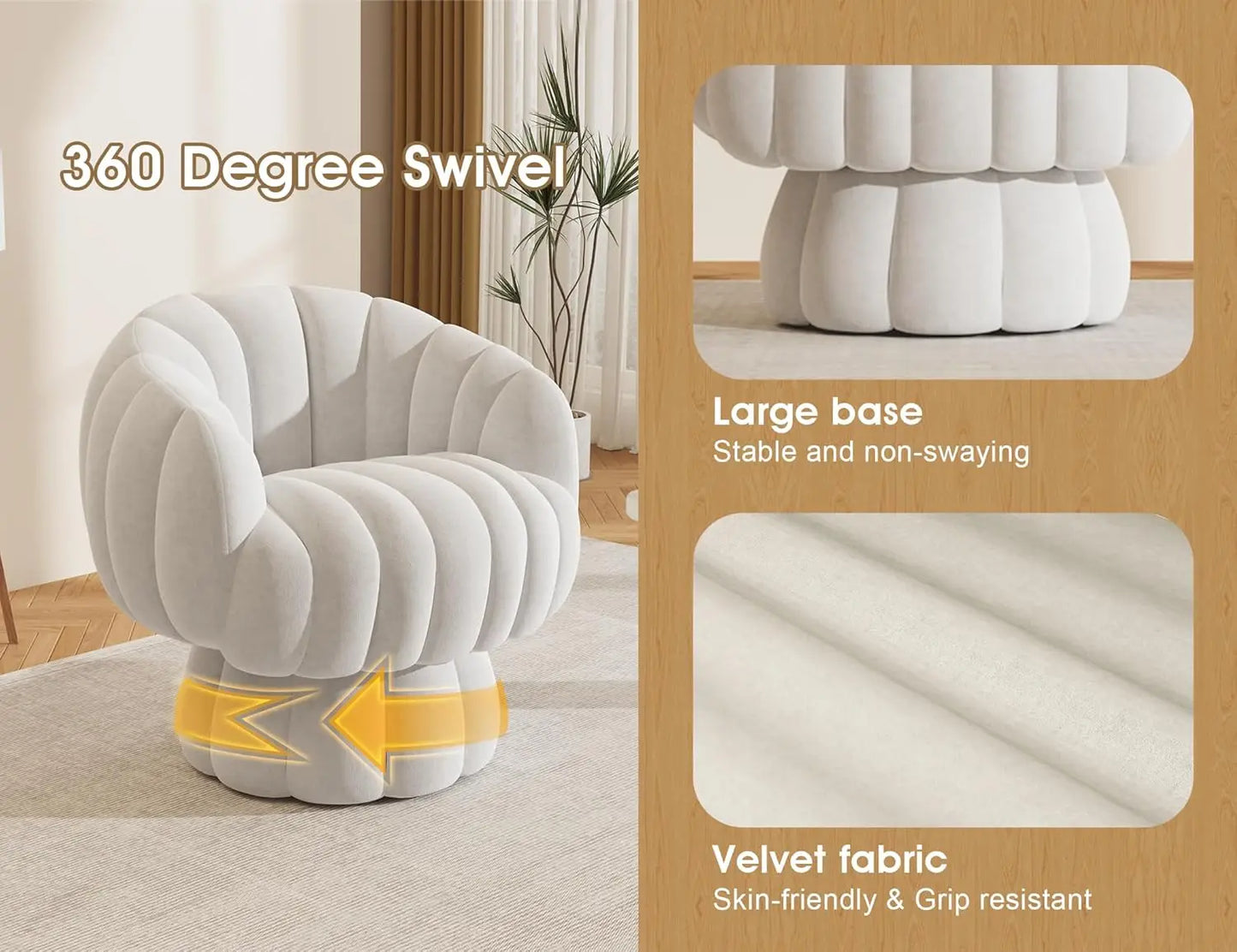Mid Century Modern 360 Degree Barrel Swivel Accent Sofa Chair,Fluffy Velvet Fabric Lounge Wide Upholstered Pumpkin Reading Chair