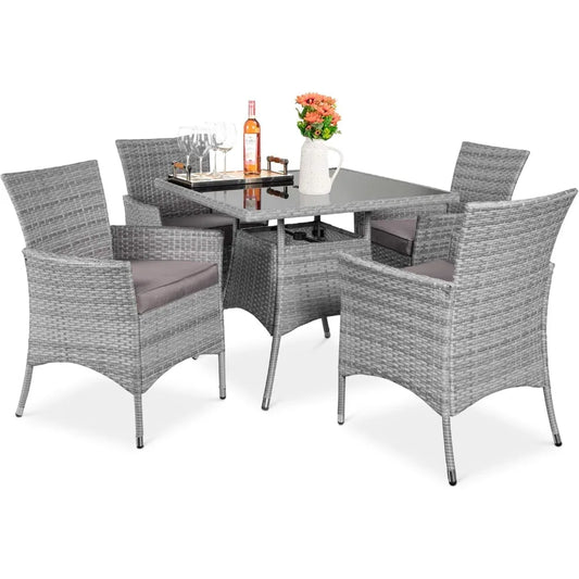 Best Choice Products 5-Piece Indoor Outdoor Wicker Dining Set Furniture for Patio, Backyard w/Square Glass Tabletop, Umbrella Cu