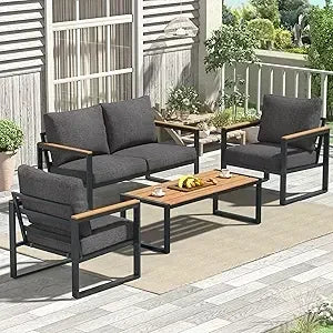 4-Piece Outdoor Patio Furniture Set with Metal Conversation Area and Washable Cushions