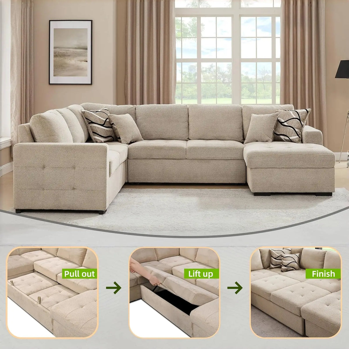 Sectional Sleeper Sofa Couch with Pull Out Bed and Storage Chaise, U Shape Sectionals Sofas, Oversized Sectionals Couches