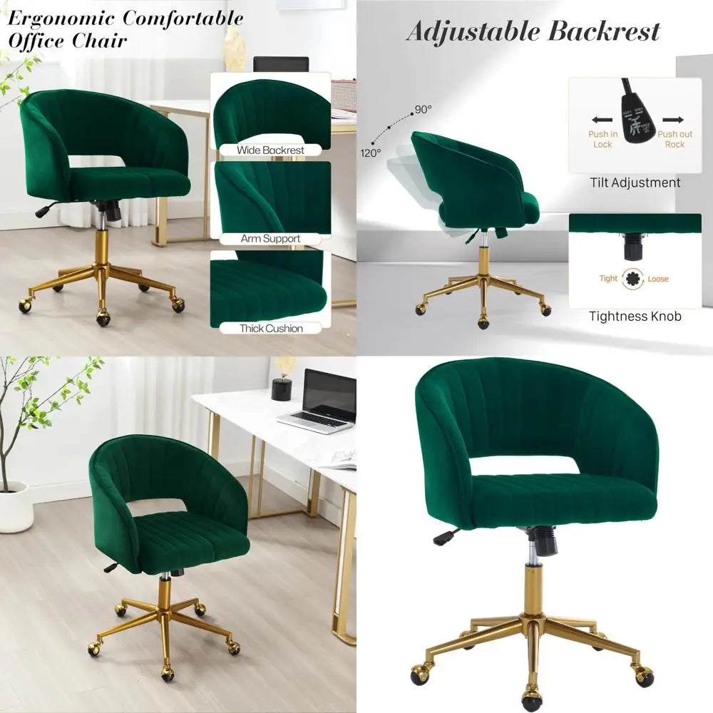 "contemporary swivel ergonomic chair with velvet upholstery and adjustable height on gold base"