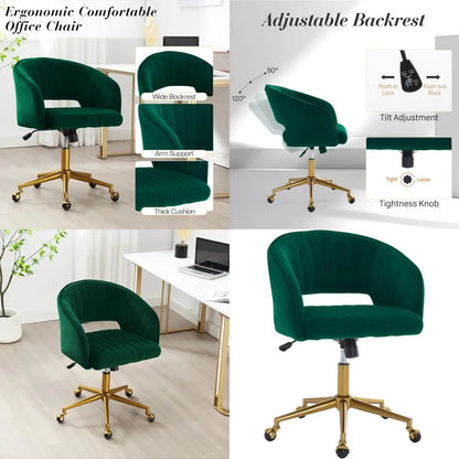 "contemporary swivel ergonomic chair with velvet upholstery and adjustable height on gold base"