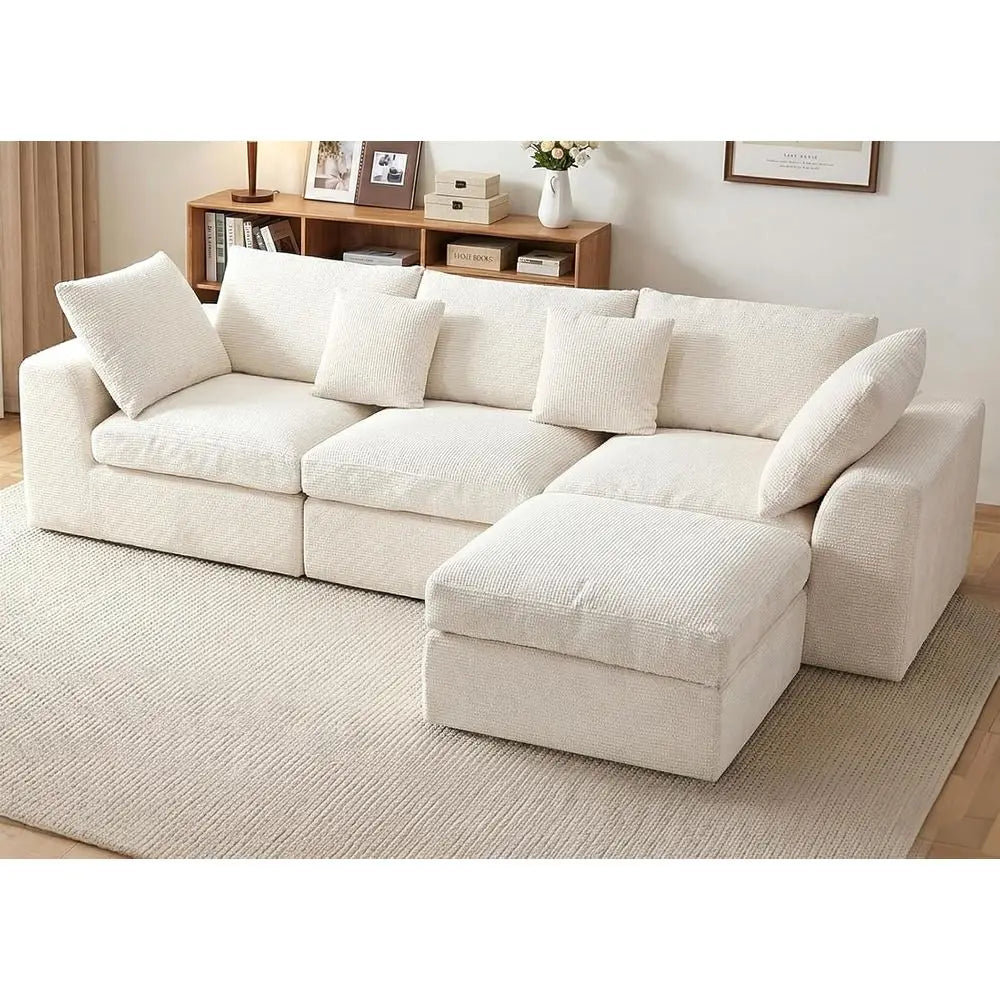 110" Cloud Sectional Couches or Living Room, L-Shaped Convertible Soa, 3-Seat ular BonelCouch with Movable Ottoman, Beige