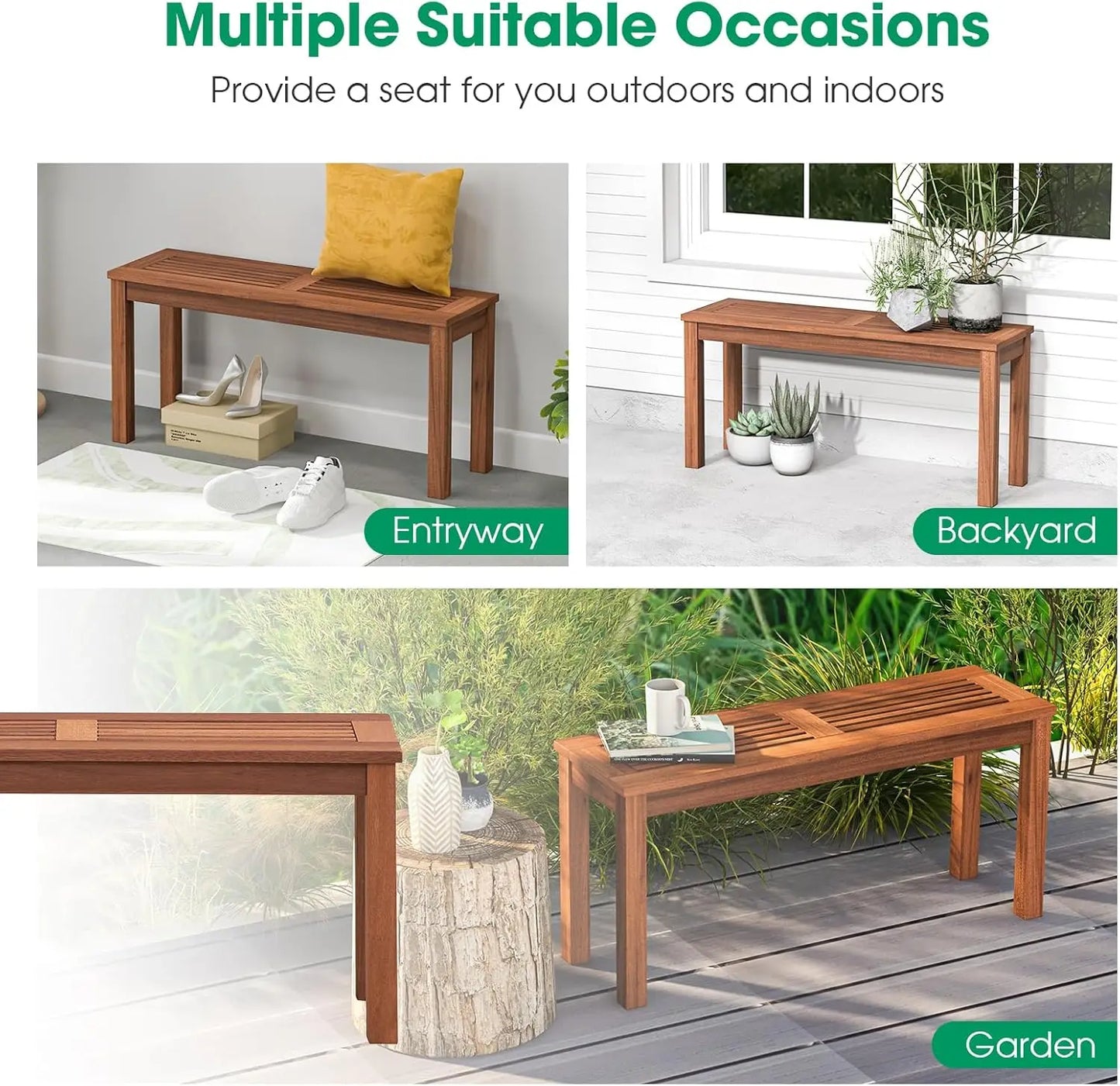 Tangkula Patio Wood Bench, 2-Person Solid Wood Bench with Slatted Seat, 39.5" Long Loveseat with Stable Wood Frame, Indoor Outdo