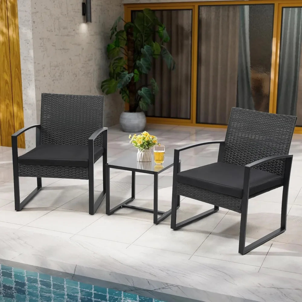 3 Piece Wicker Patio Bistro Set, Rattan Conversation Set with Coffee Table, for Balcony, Porch, Garden, Yard, Poolside, Black Fr