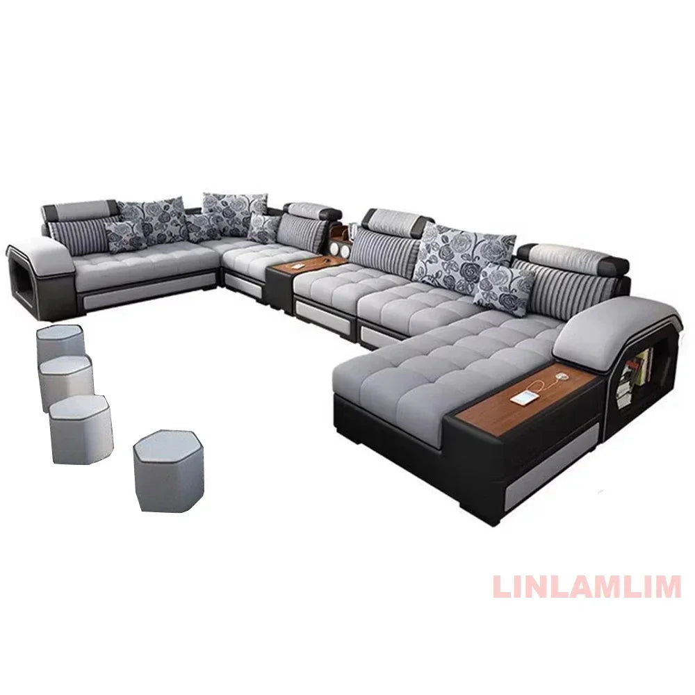 Customizable U-Shaped Sectional Fabric Sofa Set - Modern LivingRoom Furniture with Storage, Built-in Side Table, USB,andCushions
