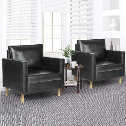 Black Faux Leather Accent Chairs Set of 2 Small Living Room Bedroom Chairs, Comfy Reading Chair Single Sofa for Adults,