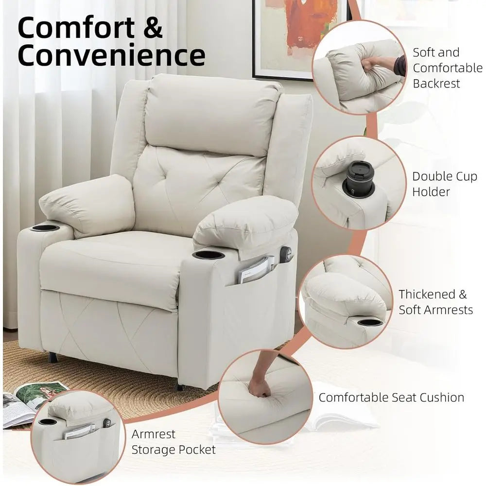 Beige Leatherette Recliner with Vibration Massage, Heat and Side Table for Living Room or Home Theater