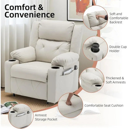 Beige Leatherette Recliner with Vibration Massage, Heat and Side Table for Living Room or Home Theater