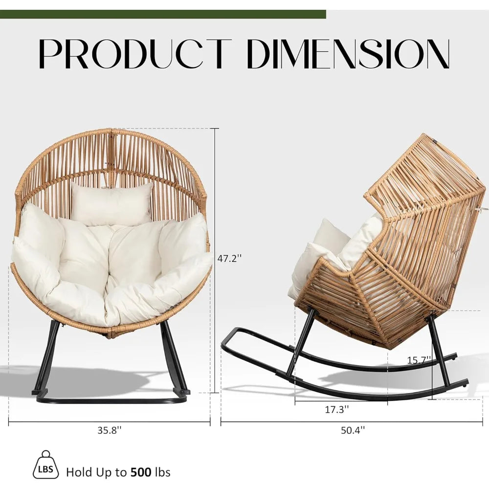 Outdoor Egg Chair with Cushion, Wicker Rocking Lounger for Patio, Living Room, Bedroom, Balcony in Beige
